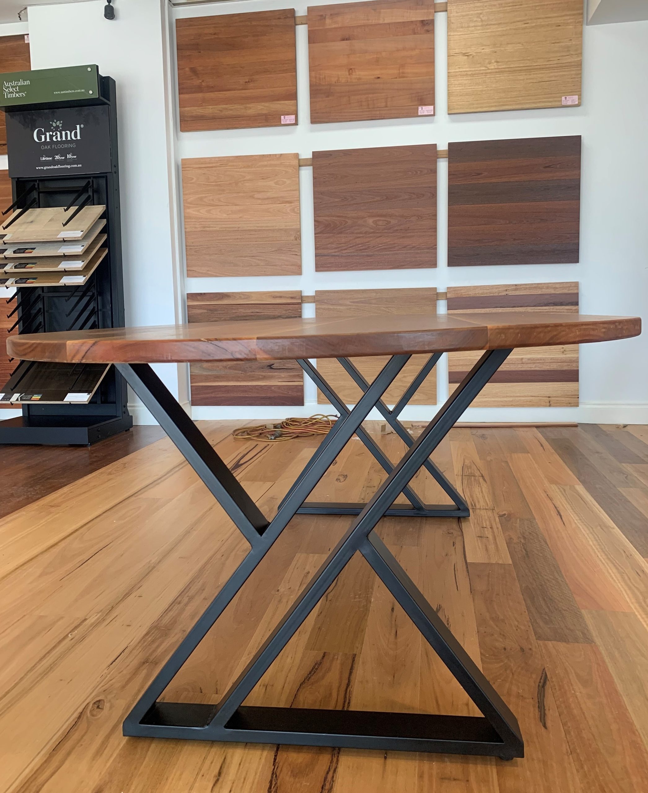 NSW Spotted Gum Dining Table - Pill Shape - Z Shape Steel Legs