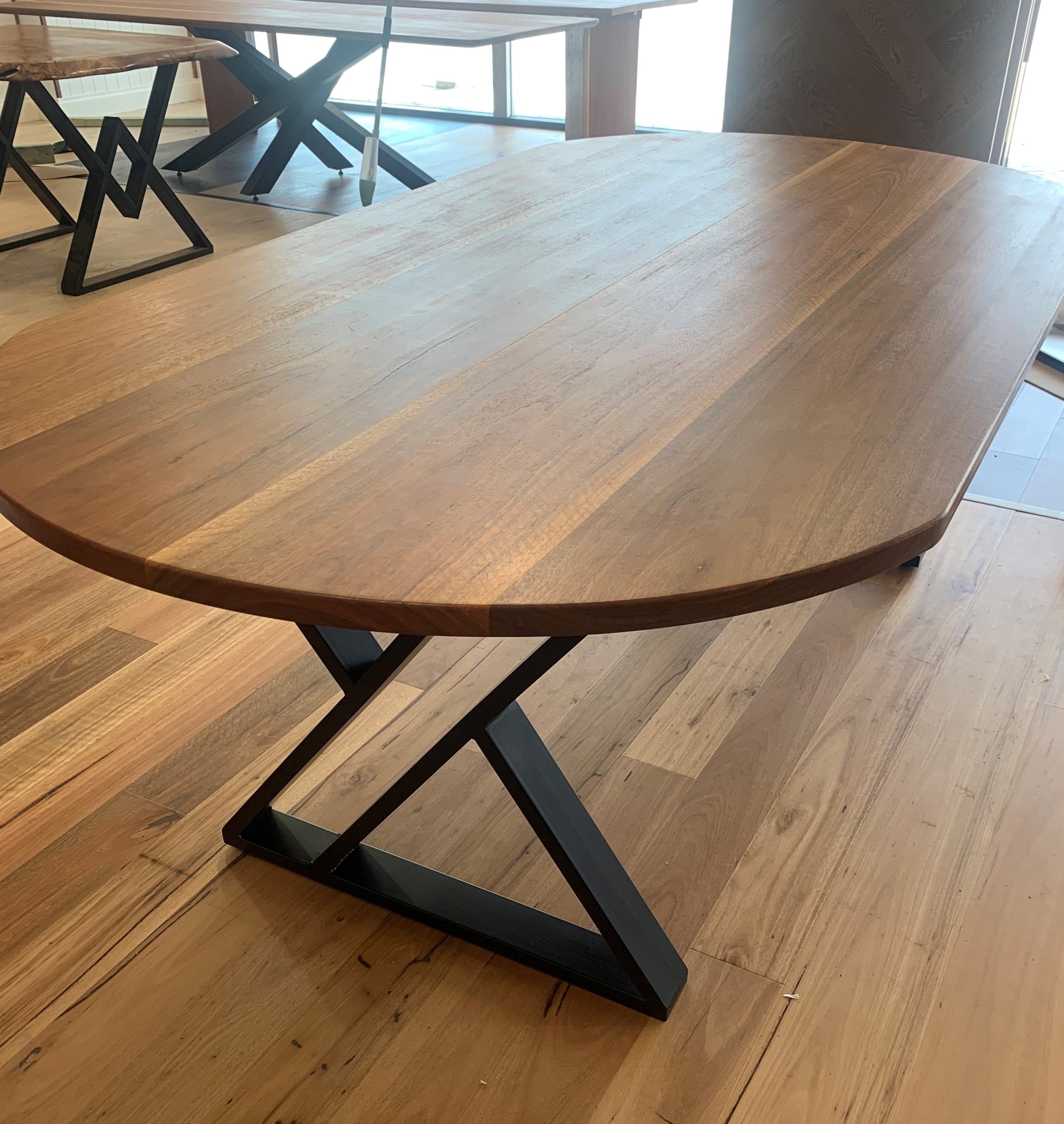 NSW Spotted Gum Dining Table - Pill Shape - Z Shape Steel Legs